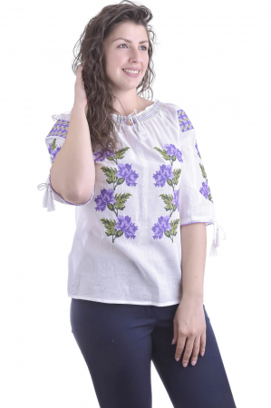 Ie traditionala alba cu motiv floral mov Sorana [3]