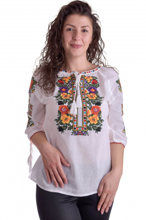 Ie traditionala alba cu motiv floral multicolor Adriana [0]