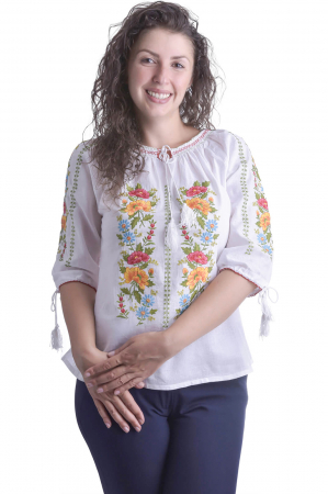 Ie traditionala alba cu motiv floral multicolor Ruxandra 01 [3]
