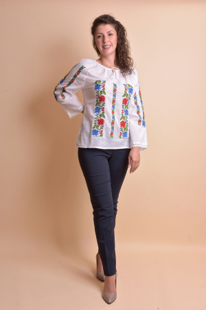 Ie traditionala alba cu motiv floral multicolor Florina [7]