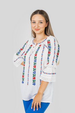 Ie traditionala alba cu motiv floral multicolor Ionela [0]