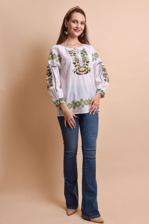 Ie traditionala alba cu motiv floral multicolor Mioara [2]