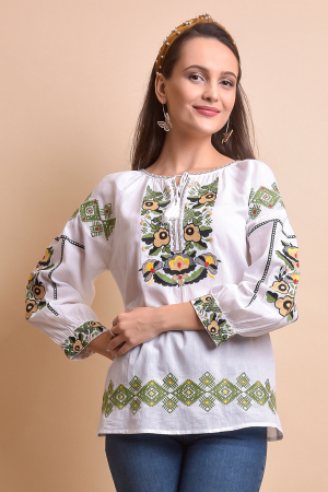 Ie traditionala alba cu motiv floral multicolor Mioara [0]