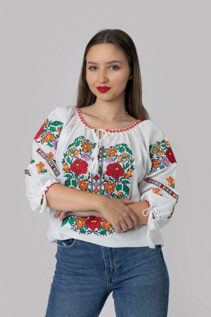 Ie traditionala alba cu motiv floral multicolor Raisa [0]