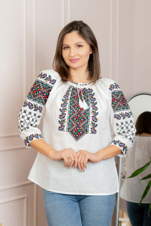 Ie traditionala alba cu motiv floral multicolor Selena 02 [2]