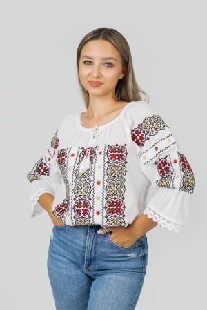 Ie cu maneca scurta - Ie traditionala alba cu motiv floral multicolor Zina