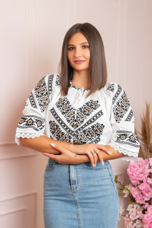 Ie traditionala alba cu motiv floral negru Lavinia 05 [2]