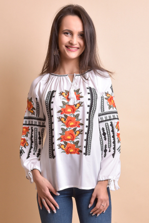 Ie cu maneca lunga - Ie traditionala alba cu motiv floral portocaliu Margareta