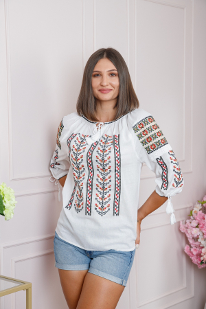 Ie cu maneca scurta - Ie traditionala alba cu motiv floral rosu Agnes