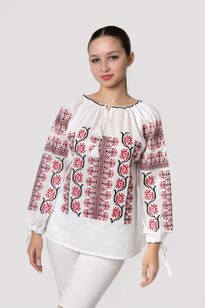 Ie cu maneca lunga - Ie traditionala alba cu motiv floral rosu Alana
