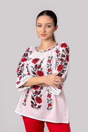 Ie traditionala alba cu motiv floral rosu Alana [0]