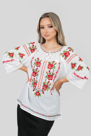Ie cu maneca scurta - Ie traditionala alba cu motiv floral rosu Alessia