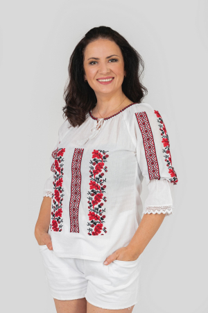 Ie cu maneca scurta - Ie traditionala alba cu motiv floral rosu Amira