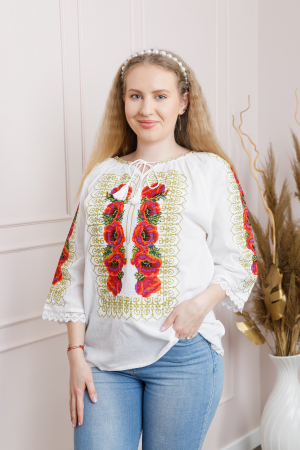 Ie cu maneca scurta - Ie traditionala alba cu motiv floral rosu Anda