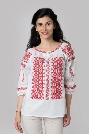 Ie traditionala alba cu motiv floral rosu Antonia [0]
