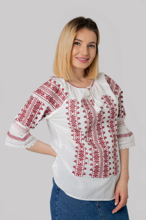 Ie cu maneca scurta - Ie traditionala alba cu motiv floral rosu Astrid