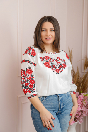 Ie traditionala alba cu motiv floral rosu Carina [2]