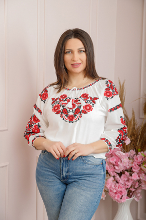Ie cu maneca scurta - Ie traditionala alba cu motiv floral rosu Carina
