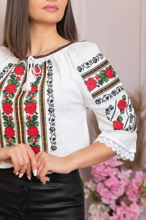 Ie traditionala alba cu motiv floral rosu Clementina 04 [1]