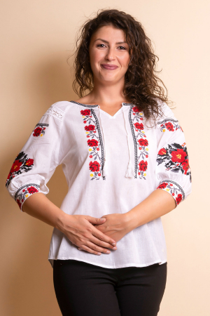 Ie traditionala alba cu motiv floral rosu Crenguta 01 [0]