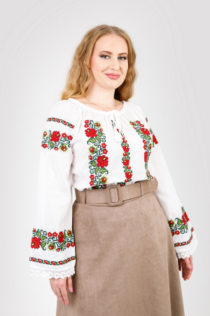 Ie traditionala alba cu motiv floral rosu Daniela [0]