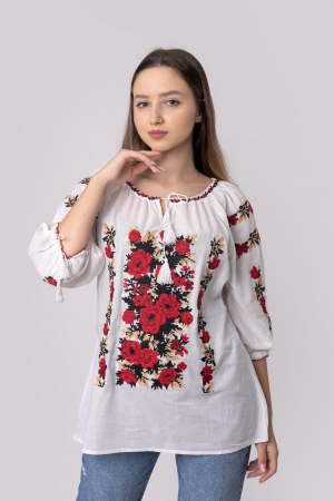 Ie traditionala alba cu motiv floral rosu Doinita [0]