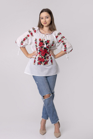 Ie traditionala alba cu motiv floral rosu Doinita [3]