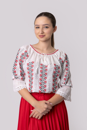 Ie traditionala alba cu motiv floral rosu Domnica [0]