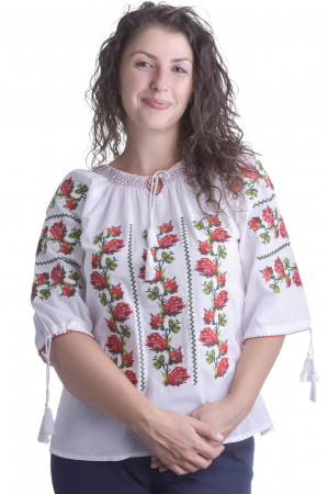 Ie traditionala alba cu motiv floral rosu Evelina [0]