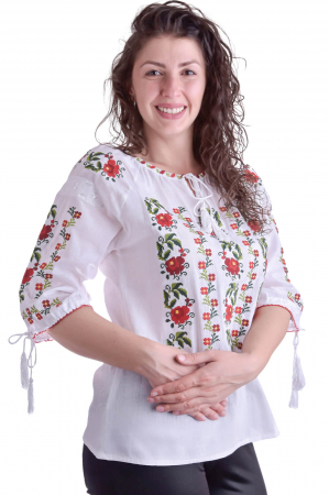 Ie traditionala alba cu motiv floral rosu Floriana [1]