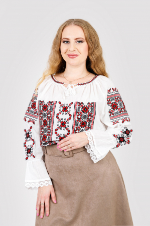 Ie traditionala alba cu motiv floral rosu Liana 06 [0]