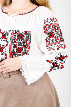 Ie traditionala alba cu motiv floral rosu Liana 06 [1]