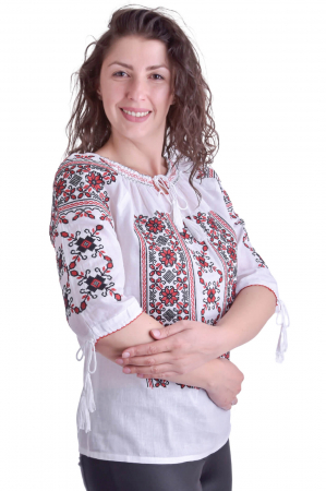 Ie traditionala alba cu motiv floral rosu Liana 01 [1]