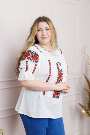 Ie traditionala alba cu motiv floral rosu Mihaela 03 [2]