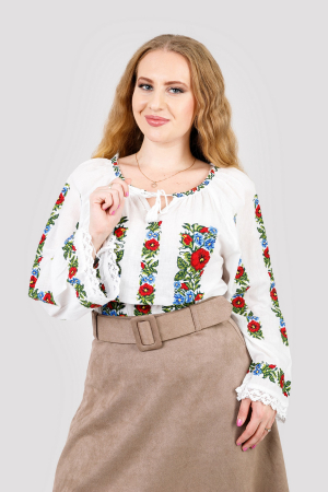 Ie traditionala alba cu motiv floral rosu Paulina [0]