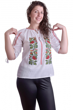 Ie traditionala alba cu motiv floral rosu Rodica [3]