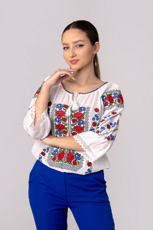 Ie traditionala alba cu motiv floral rosu Rozalia [0]