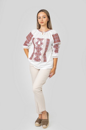 Ie traditionala alba cu motiv floral rosu Sanziana 01 [3]