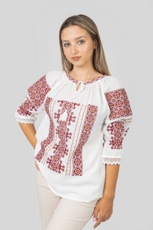Ie cu maneca scurta - Ie traditionala alba cu motiv floral rosu Sanziana 01