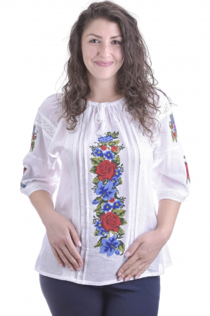 Ie traditionala alba cu motiv floral rosu si albastru Sabina [0]