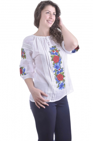 Ie traditionala alba cu motiv floral rosu si albastru Sabina [3]