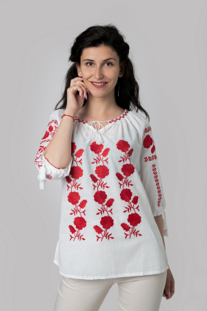 Ie cu maneca scurta - Ie traditionala alba cu motiv floral rosu Zoe