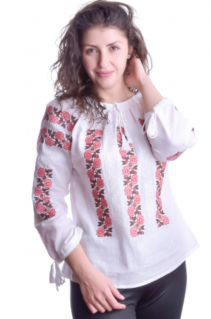 Ie cu maneca lunga - Ie traditionala alba cu motiv floral roz Valentina