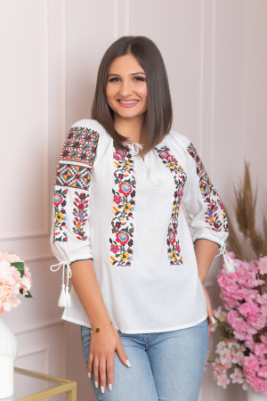 Ie traditionala alba cu motiv floral tricolor Catrinel [2]