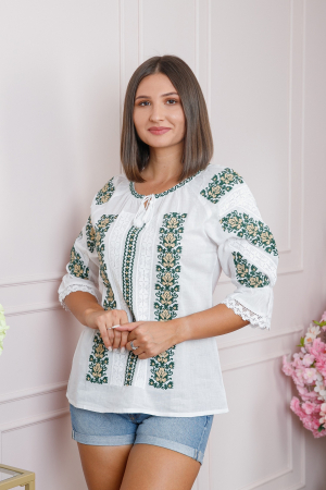 Ie cu maneca scurta - Ie traditionala alba cu motiv floral verde Malina