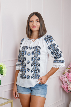 Ie cu maneca scurta - Ie traditionala alba cu motiv geometric albastru Anne 04