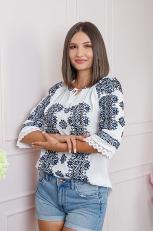 Ie traditionala alba cu motiv geometric albastru Anne 04 [2]