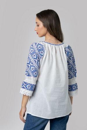 Ie traditionala alba cu motiv geometric albastru Ina 02 [2]