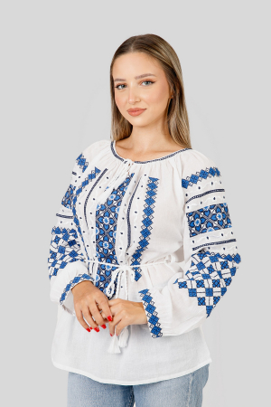 Ie traditionala alba cu motiv geometric albastru Flavia 02 [0]