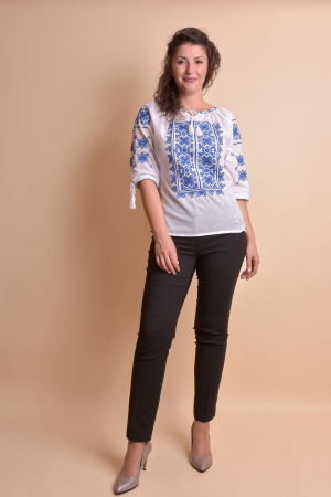 Ie traditionala alba cu motiv geometric albastru Anica 02 [4]